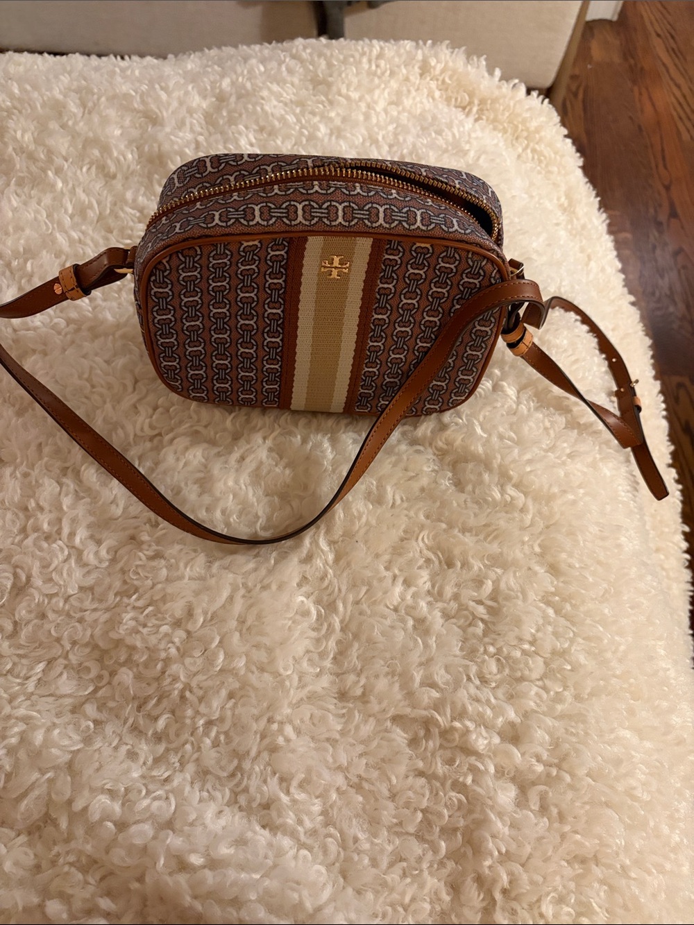 Tory Burch Brown Monogram Crossbody Bag with Stripe